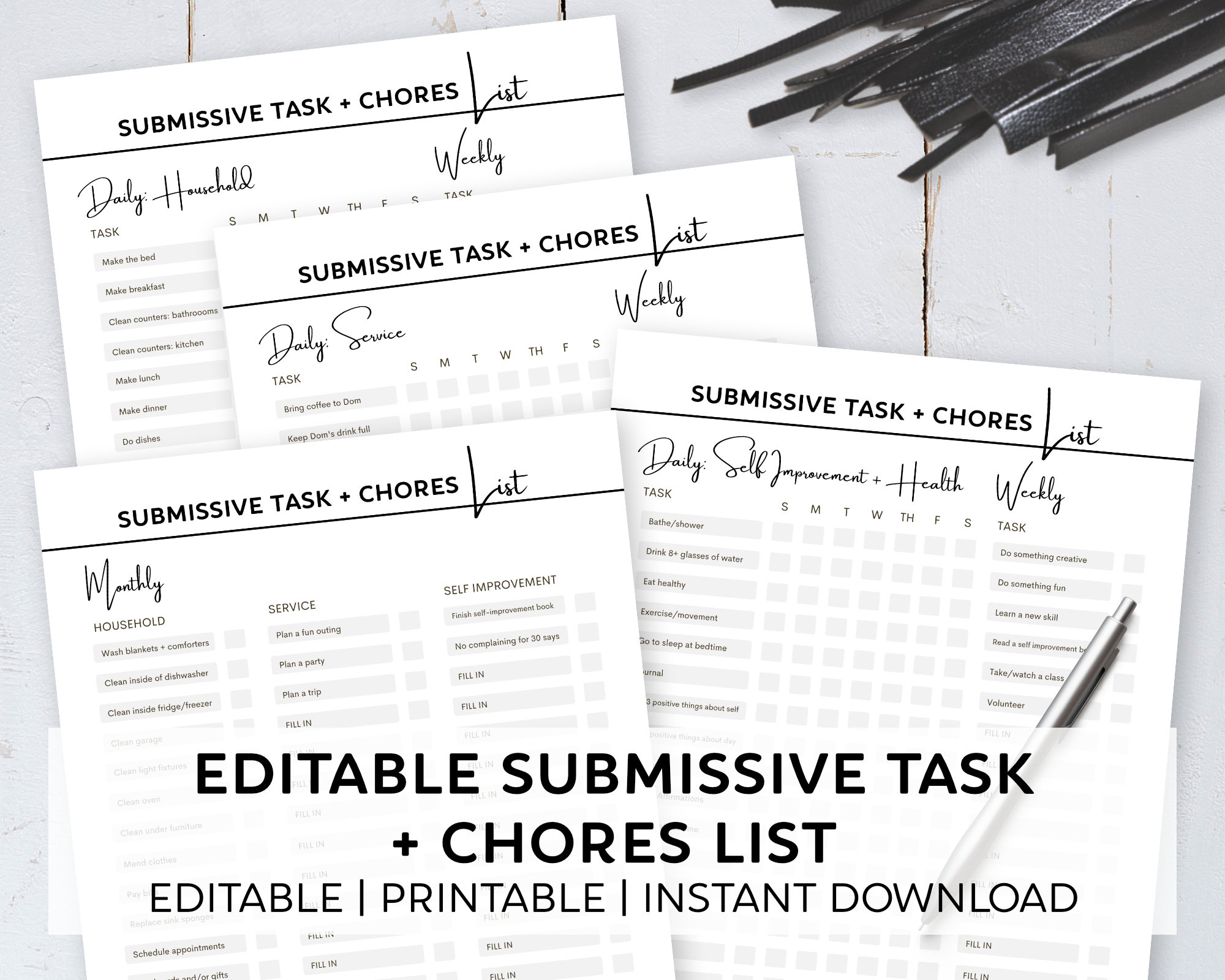 Editable Submissive Task and Chores Household, Service and Self Improvement List Kinky Ink Press pic